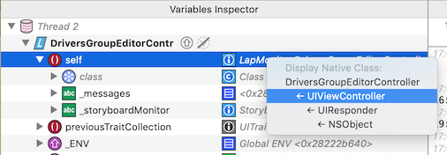 Class hierarchy menu in the variable inspector